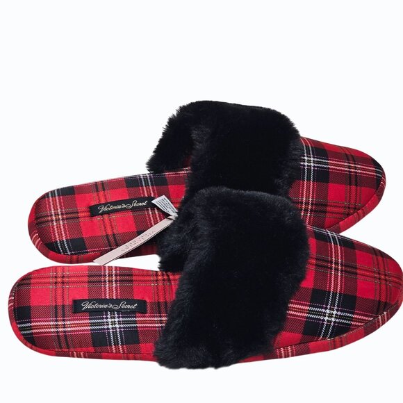 Victoria's Secret Signature Satin Fur Trim Slippers Red Plaid w Dust Bag M 7/8 - Picture 6 of 11